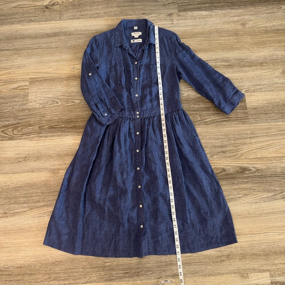 MALVIN 100% Linen Shirt Dress Blue Button Front Collared Midi‎ Womens M - Picture 4 of 7
